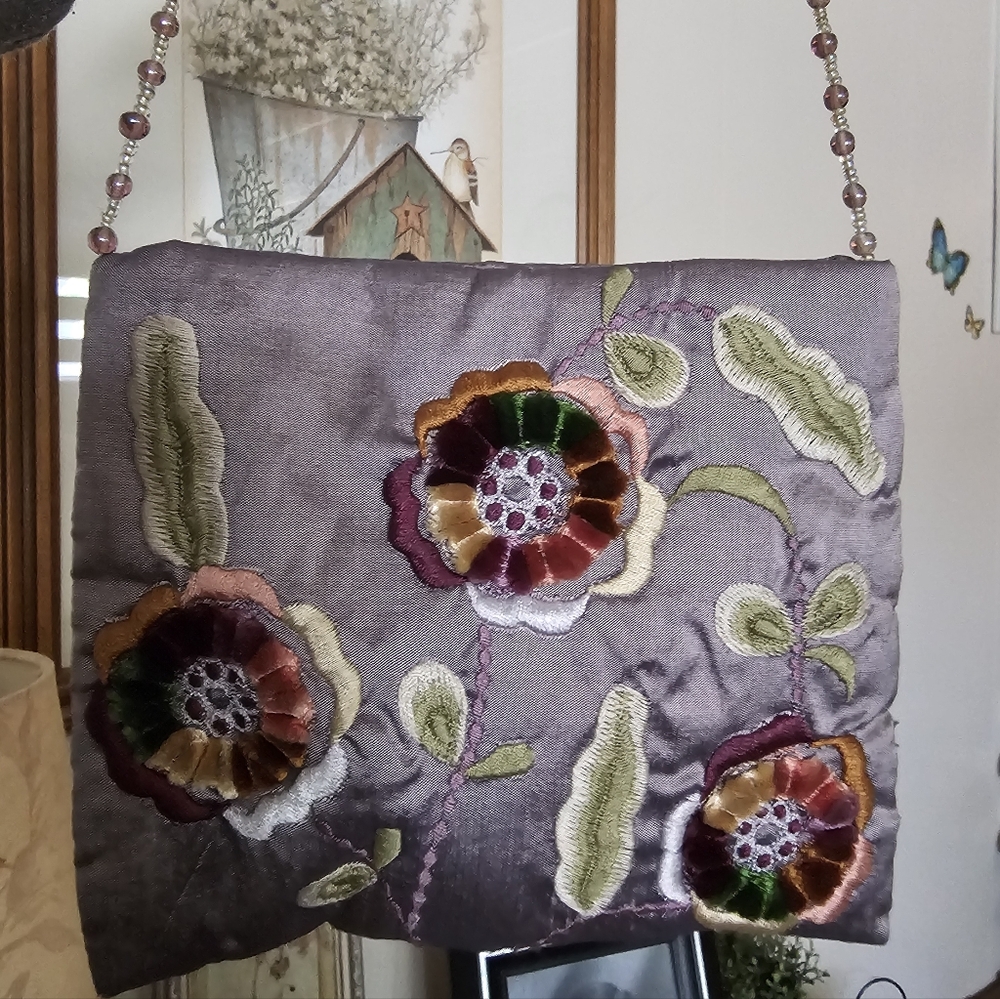Moyna Purple Floral Embroidered Bag With Beaded Strap, Whimsy, Fairy - Picture 2 of 10